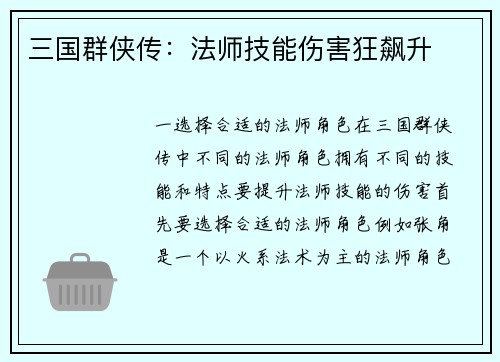 三国群侠传：法师技能伤害狂飙升